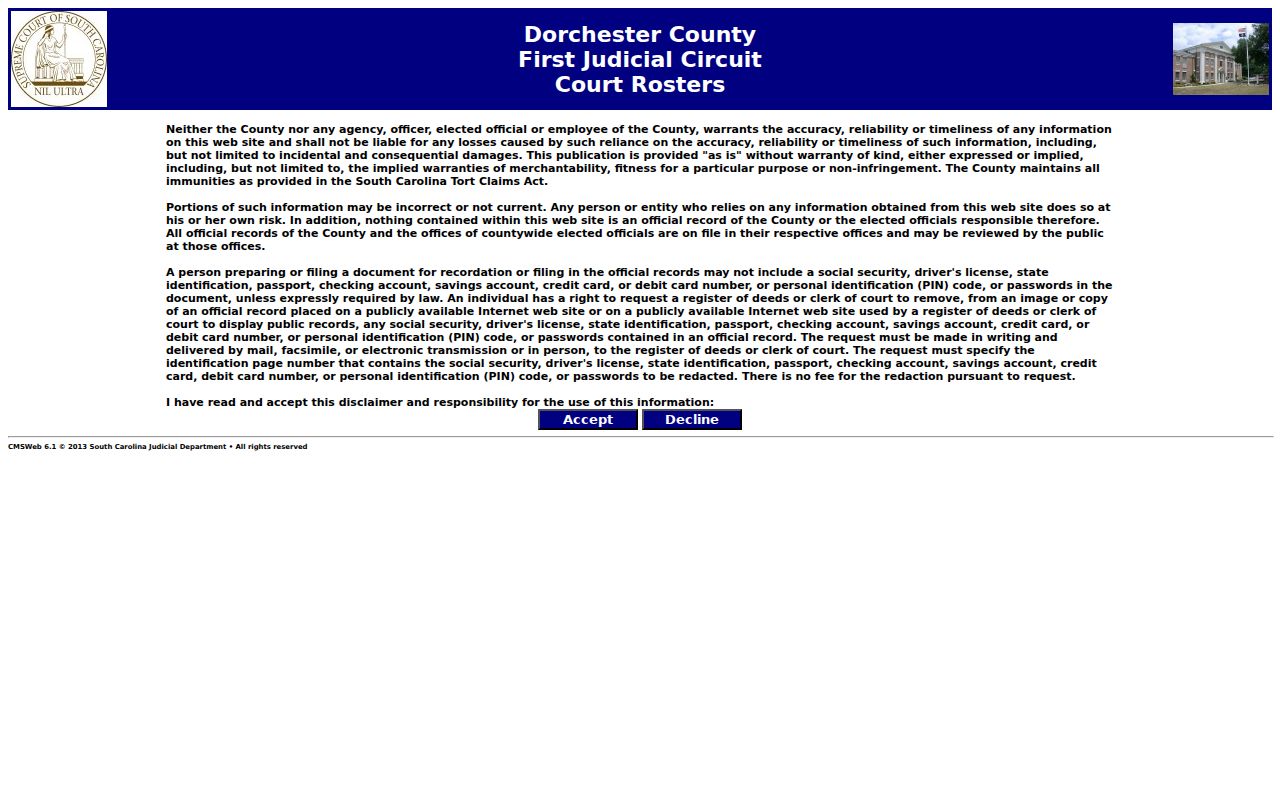 Dorchester County court roster search form for warrant case research