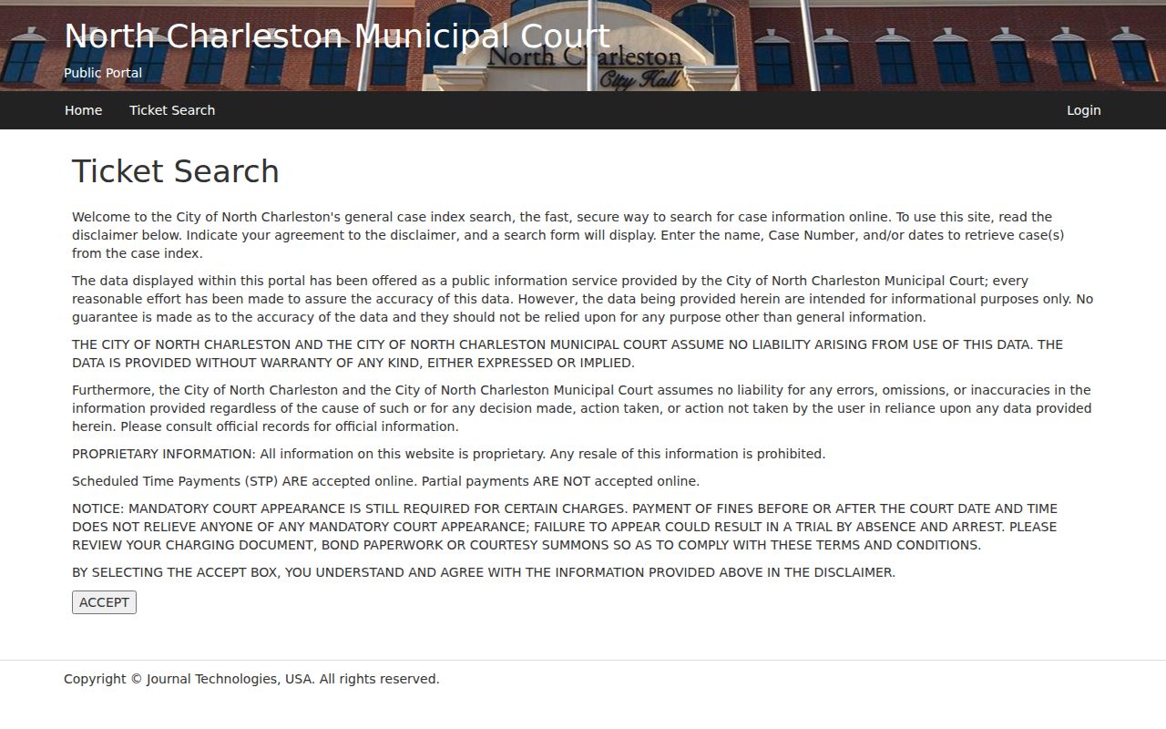 Dorchester County North Charleston warrant and ticket portal disclaimer for municipal court searches