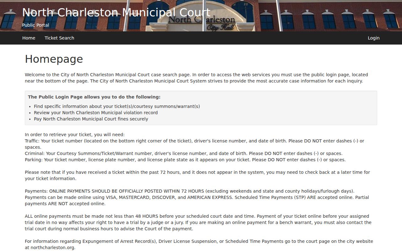 Dorchester County North Charleston traffic and criminal warrant search categories in eCourt