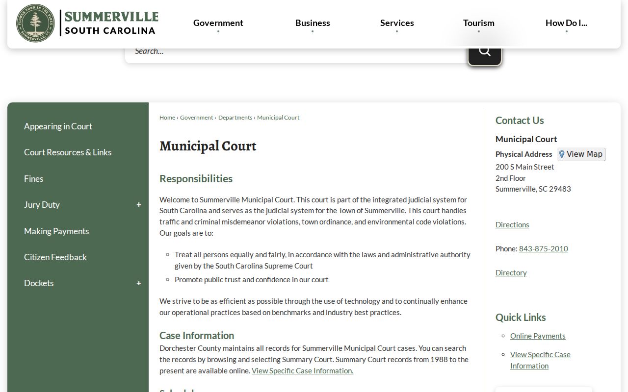Dorchester County Summerville Municipal Court information for warrant and citation records