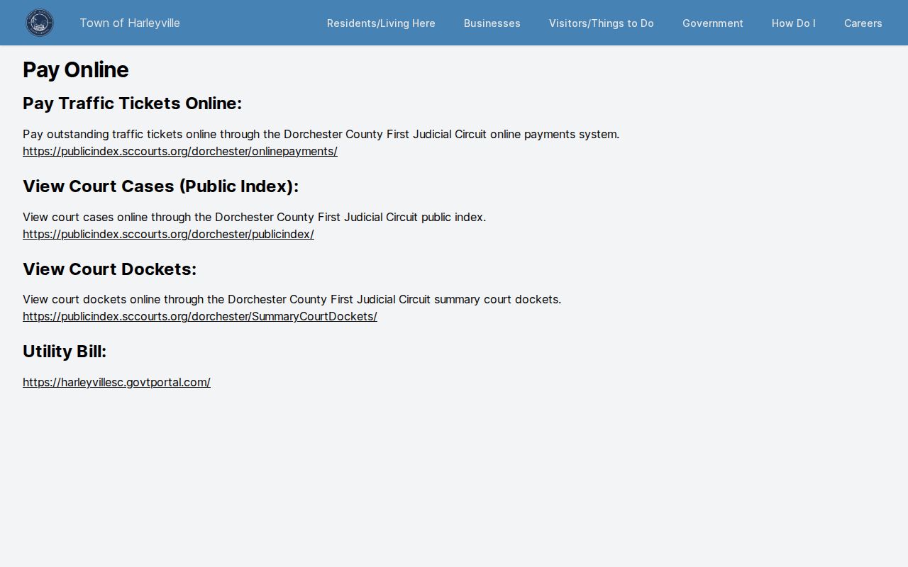 Dorchester County Harleyville municipal payment page for warrant and citation questions