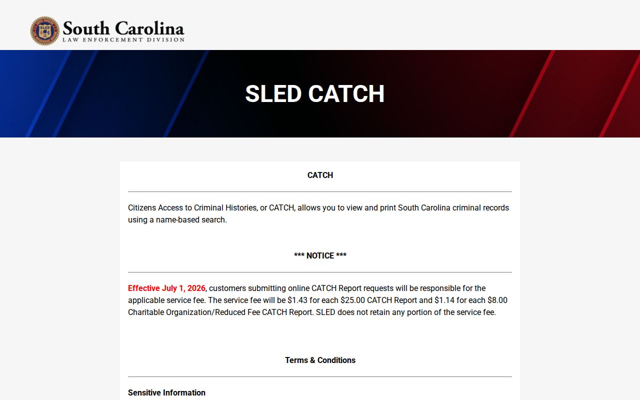 SLED CATCH criminal history search limits for Dorchester County warrant questions