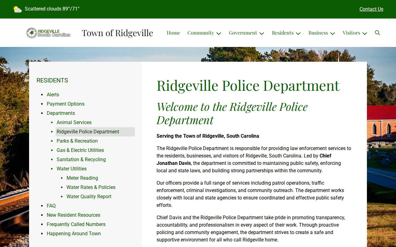 Dorchester County Ridgeville Police contact page for municipal warrant and court questions