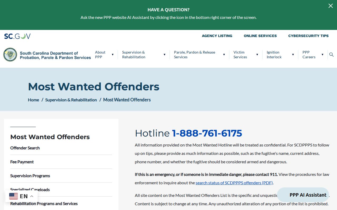 Dorchester County Most Wanted warrant search reference for the South Carolina supervision fugitive program